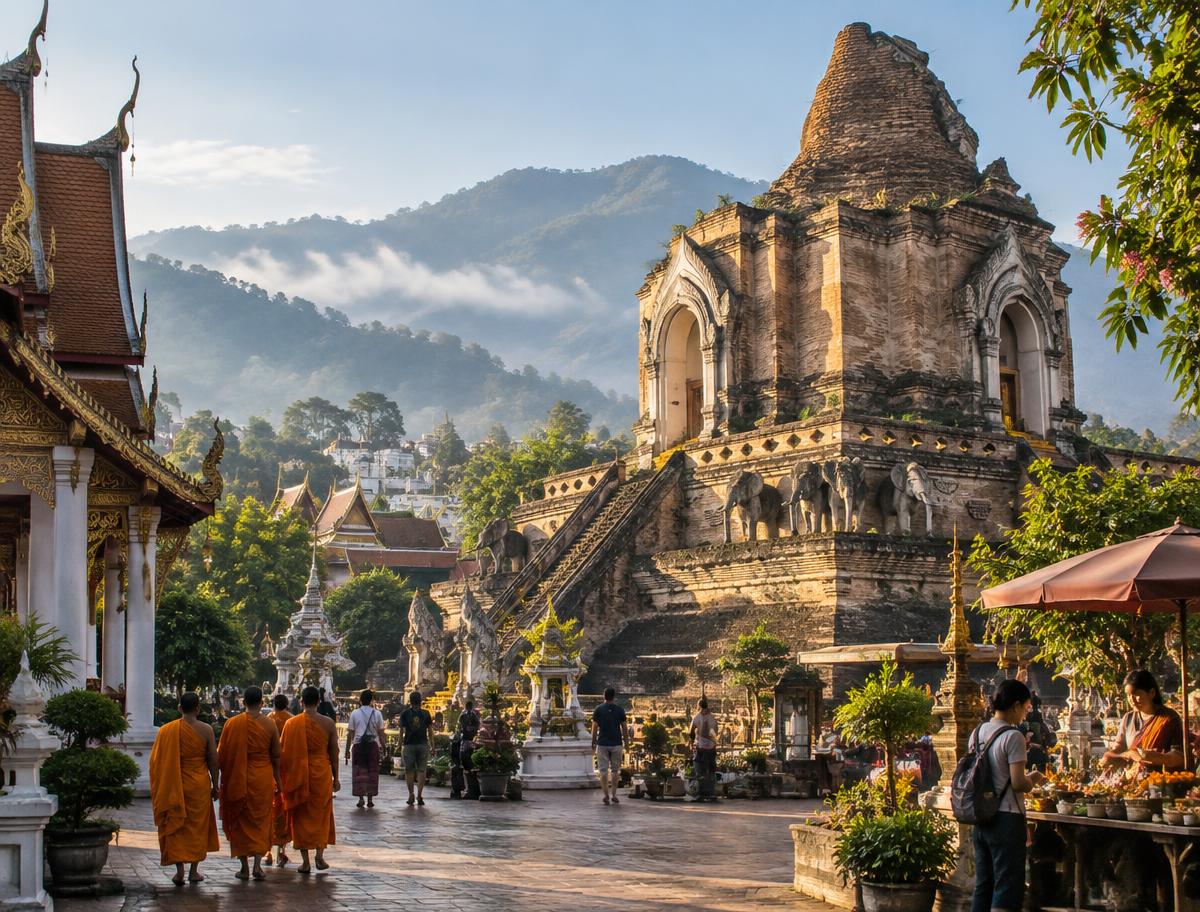 Wat Chedi Luang and mountain scenery in Chiang Mai