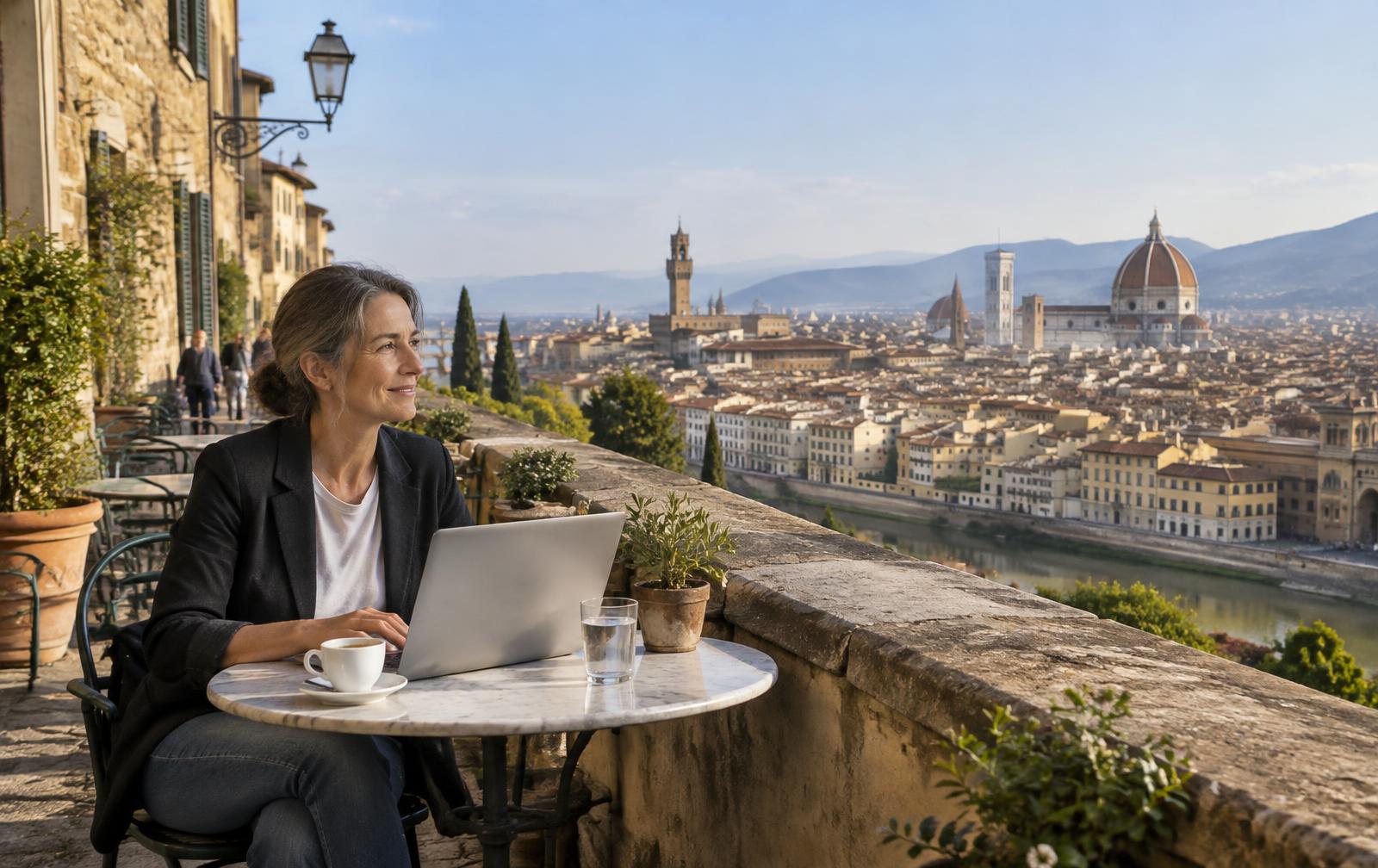 A professional woman working from a café overlooking Florence